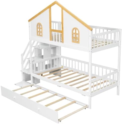 Twin Over Twin Size House Bunk Bed with Trundle & Storage Stairs