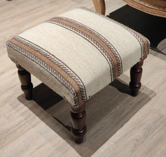 Handmade Jute Ottoman Stool with Wooden Legs | Square Upholstered Foot Rest & Accent Seating | Woven Vanity Stool for Living Room, Bedroom, Hall, Entryway & Home Décor (White Wool)