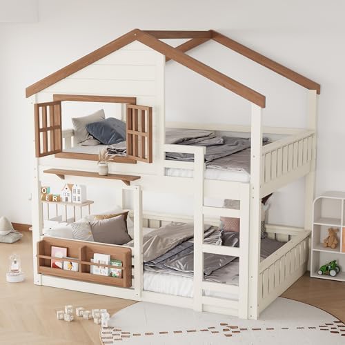 Full Over Full Size House Bunk Bed with Storage Bookshelf, Beige