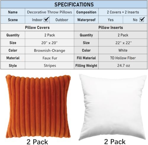 Decorative Throw Pillow with Inserts, Set of 2 Soft Faux Fur Throw Pillows, Square Boho Striped Pillow for Couch, Bed, Sofa Decor (Brownish-Orange, 20" x 20"(Pack of 2))