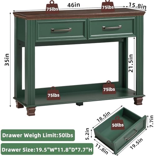 SAVOR LIFE 46" Farmhouse Console Table with Drawers, Green Entryway Table