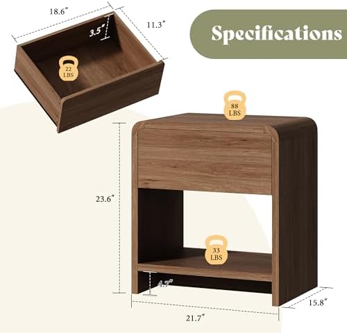 AMERLIFE Nightstands Set of 2 with Storage Drawer & Shelves, Walnut