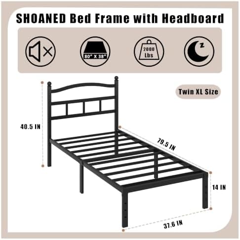 Metal Bed Frame with Headboard - 14 Inch Twin XL Size Heavy Duty Bedframe Black Basic Steel Slats Platform No Box Spring Needed/Easy Assembly/Noise Free