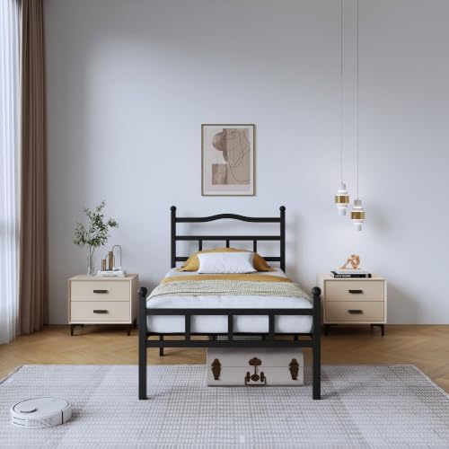 14 Inch Metal Bed Frame - Twin Size Heavy Duty Bedframe with Headboard & Footboard Black Basic Steel Slats Platform No Box Spring Needed/Easy Assembly/Noise Free