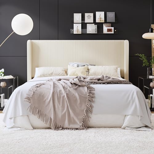 SHA CERLIN King Corduroy Platform Bed with Tufted Wingback Headboard, Cream