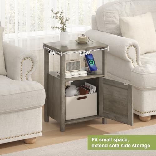 Farmhouse End Table Charging Station Barn Door & Storage Shelf Grey