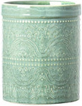 Kitchen Utensil Holder, 7 Inches Large Ceramic Utensil Holder for Countertop, Lace Emboss Cooking Utensil Crocks for Kitchen, Home Decor, Forest Green