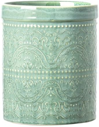 Kitchen Utensil Holder, 7 Inches Large Ceramic Utensil Holder for Countertop, Lace Emboss Cooking Utensil Crocks for Kitchen, Home Decor, Forest Green