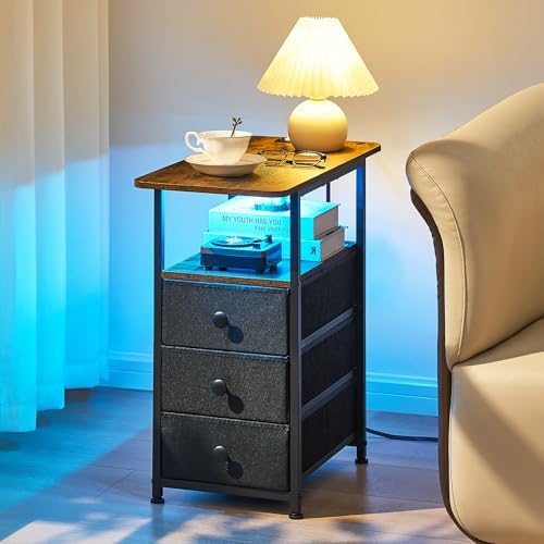 DALEMHOME Narrow End Table with Charging Station, Narrow Side Table with 3 Fabric Drawers, Slim Nightstand with LED Light, Small Table with Storage, Living Room, Bedroom, Rustic Brown HKET1303BR
