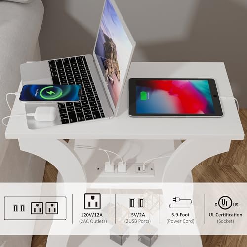 FROMJBEST End Tables Living Room, White End Table with Charging Station
