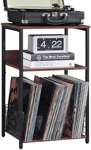 LELELINKY 3 Tier End Table,Record Player Stand with Storage Up to 100 Albums, Turntable Stand for Vinyl, Walnut Couch Nightstand Side Tables for Living Room Bedroom
