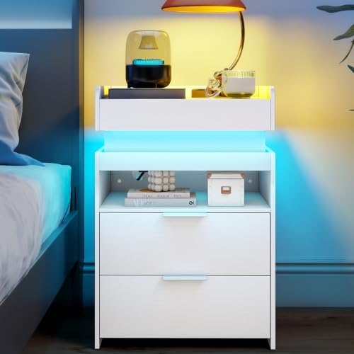 Baoz Modern Nightstands Set of 2 with Charging Station & LED Lights,White