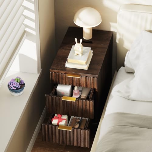 Kalrin 13" W Fluted Narrow End Table with 3 Drawers(Dark Walnut)