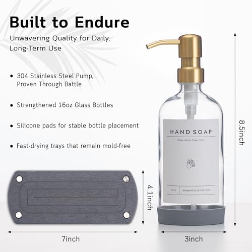 [Luxury] Kitchen Soap Dispenser Set - 16OZ Clear Glass Bottle, Stainless Steel Pump, Instant Dry Tray, Waterproof Labels, Non-Slip Silicone Pad, and Dish Brush | Upgrade for Your Kitchen and Bathroom