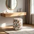 15.7" Swivel Vanity Stool, Floral Velvet Round Ottoman, Beige