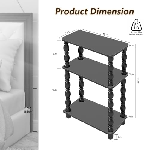 Narrow Side Table, Small End Table with 3 Tier Shelf, Retro Couch Side Table for Living Room, Vintage Farmhouse End Table, Bedroom Skinny Bedside Table Nightstand(Black)