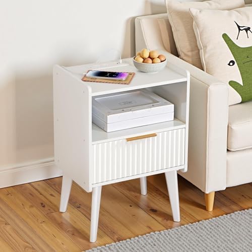 MAHANCRIS White Nightstand with Charging Station, Modern Fluted End Table