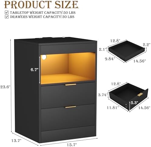 Yusong Night Stand with Gun Drawer & Invisible Lock, Bedside Table, LED Nightstand with Charging Station, Modern Night Stand, Wood Sofa Couch End Side Table with 2 Pull-Out Shelf (Black 002)