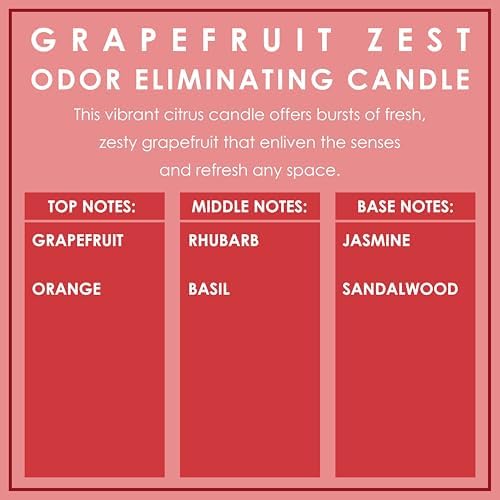 Grapefruit Zest Odor Eliminating Highly Fragranced Candle - Eliminates 95% of Pet, Smoke, Food, and Other Smells Quickly - Up to 80 Hour Burn time - 12 Ounce Premium Soy Blend