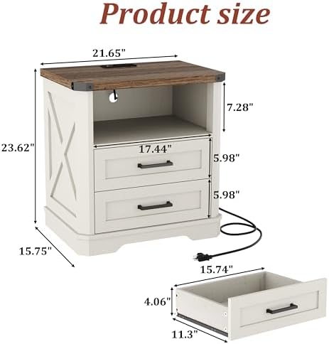 Yusong 23.62” Tall Farmhouse Nightstand, Rustic Wooden Night Stand with Charging Station, Beside Table with Drawers and Open Storage, End Tables for Bedroom, Cream White 003