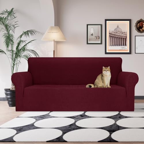 JIVINER Stretch Sofa Covers 1 Piece Couch Covers for 3 Cushion Couch Sofa, 3 Seater Sofa Slipcovers Furniture Protector with Elastic Bottom for Kids, Pets (Large, Wine Red Rhomb)