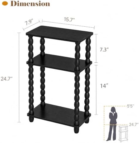 3-Tier Narrow Side Table, Skinny End Table with Wood Spindle Legs Black