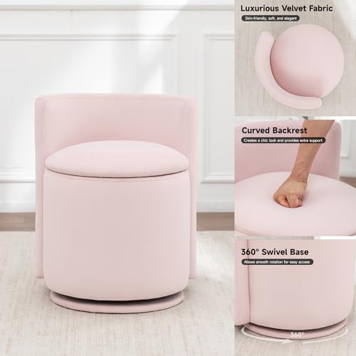 MINCETA Vanity Chair with Storage, 360° Swivel Accent Chair, Pink