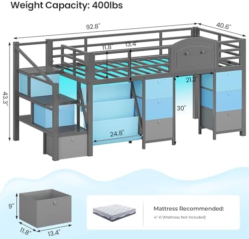 Low Loft Bed Twin Size with 9 Storage Drawers, Bookcase and LED Lights, Metal Kids Loft Bed with Wide Staircase, Open Shelves and Safety Guardrail, Twin Loft Bed with Under-Bed Playhouse, Grey