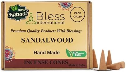 Bless International Sandalwood 100%-Natural-Incense-Cones Handmade-Hand-Dipped Organic-Chemicals-Free for-Purification-Relaxation-Positivity-Yoga-Meditation The-Best-scents 120 Count