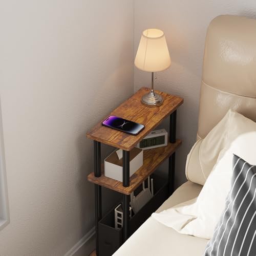 Apicizon Narrow Side Table with Fabric Basket, 3-Tier End Table,Brown Black