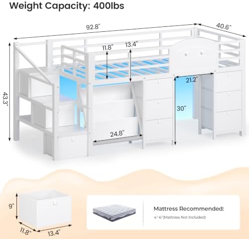 Low Loft Bed Twin Size with 9 Storage Drawers, Bookcase and LED Lights, Metal Kids Loft Bed with Stairs, Open Shelves and Safety Guardrail, Twin Loft Bed with Under-Bed Playhouse, Pure White