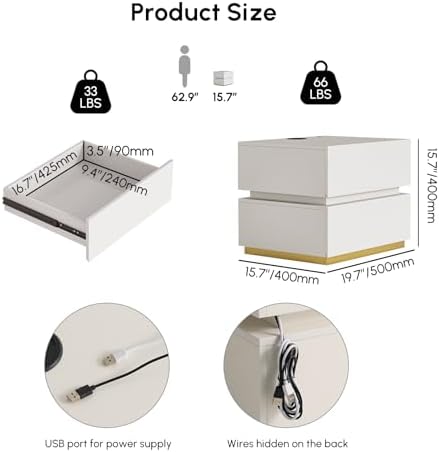 homary Smart Nightstand with LED Light, Wireless Charging Station, USB & Type-C Ports, 2 Drawers – Modern White Bedside Table for Bedroom Storage