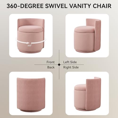 WUTUTUEE Velvet Vanity Chair with Storage, 360° Swivel Makeup Chair with Wave Back, No Assembly Small Accent Stool for Bedroom, Dressing, Living Room, Pink