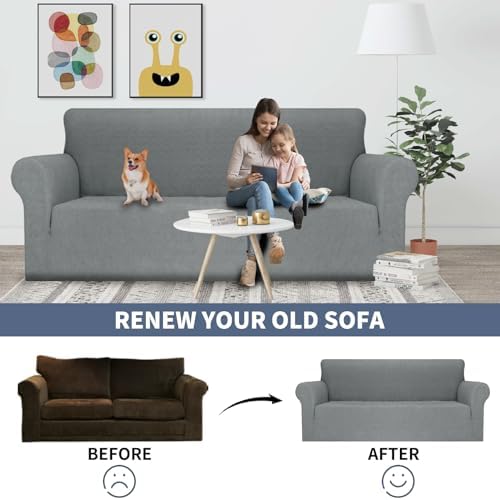 JIVINER Stretch Sofa Covers 1 Piece Couch Covers for 3 Cushion Couch Sofa Cover, Universal Living Room Slipcovers Furniture Protector with Elastic Bottom for Kids, Pets (Large, Light Gray Rhomb)