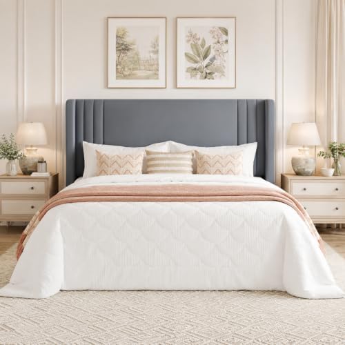 SHA CERLIN Queen Velvet Upholstered Bed Frame, Wingback Headboard, Grey
