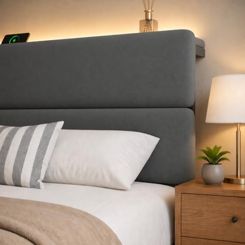 Queen Bed Frame with 2 Storage Drawers, Grey Velvet Upholstered