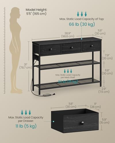SONGMICS Console Table with Power Outlets and LED Lights, 3 Fabric Drawers
