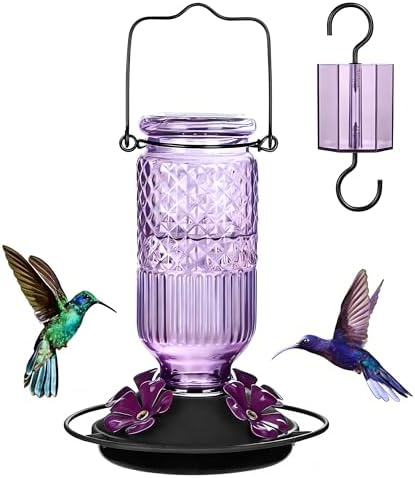 FEED GARDEN Glass Hummingbird Feeder for Outdoors Hanging, 16 oz Leak-Proof Nectar Feeder with Bee Guards & Ant Moat, 4 Metal Flower Feeding Ports, 360° Perch Ring, Easy Refill & Clean, Purple