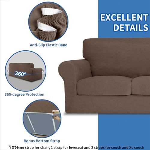 MAXIJIN 4 Piece Couch Covers for 3 Cushion Couch Sofa Covers, Stretch Couch Slipcovers for Sofas with 3 Cushions, Thick 3 Seat Furniture Protector for Pet Dogs (71"-91", Brown New)