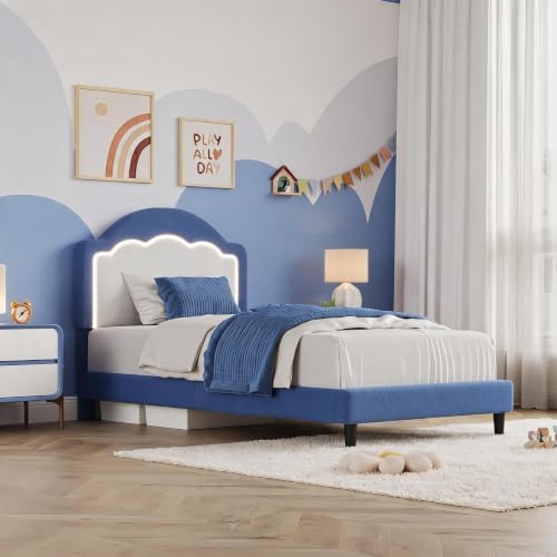 Twin Size Kids Bed Frame with Adjustable LED Headboard Soft Upholstery