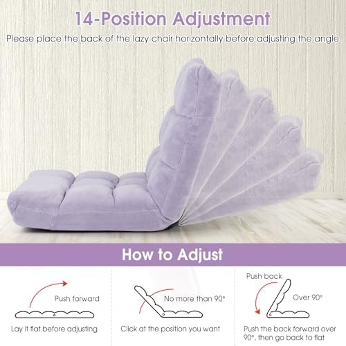 S AFSTAR Cushioned Floor Chair, 14-Position Adjustable Padded Lazy Recliner with Comfortable Back Support and Skin-Friendly Cover, Great for Reading, Playing Game, Meditating (Light Purple)