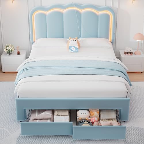 Queen Upholstered LED Bed Frame with 2 Storage Drawers and Adjustable Chic Double Wavy Headboard, Velvet Princess Platform Bed with Charing Station, Solid Wood Slats Support,No Box Spring Needed,Blue