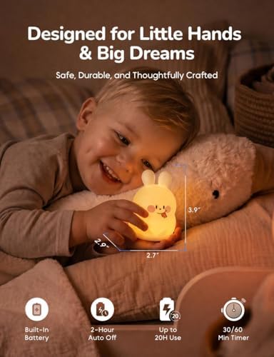 Slumber Pal, Bunny Silicone Squishy Night Light for Kids, Cute Night Lamp