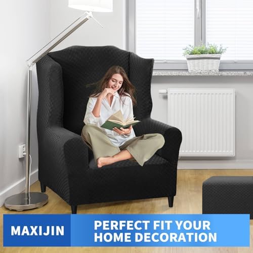 MAXIJIN Wingback Chair Covers 1-Piece Stretch Wing Chair Covers Soft Thick Wingback Armchair Slipcover Non-Slip High Back Chair Furniture Protector Washable (Wing Chair, Black)