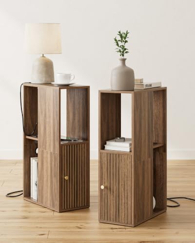 Narrow Nightstand Set of 2, 7.9" Night Stand with Fluted, Walnut