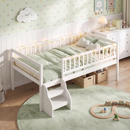 Giantex Kids Low Loft Bed Twin Size with Stairs & Safety Guardrails, White