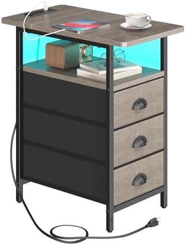 sthmec End Table with Charging Station,LED Side Tables with USB Ports and Outlets,Narrow Nightstands Bedside Tables with 3 Drawers for Small Space,Slim Sofa Table for Livingroom,Grey