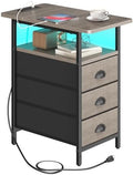 sthmec End Table with Charging Station,LED Side Tables with USB Ports and Outlets,Narrow Nightstands Bedside Tables with 3 Drawers for Small Space,Slim Sofa Table for Livingroom,Grey