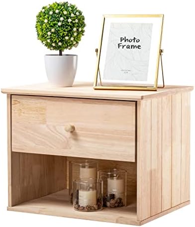 VINGLI Unfinished Natural Solid Wood Floating Nightstand for Bedroom, Small Nightstand with Drawer/Shelf, Farmhouse Night Stand Wall-Mounted Nightstand/Bedside Table for Small Space Color DIY