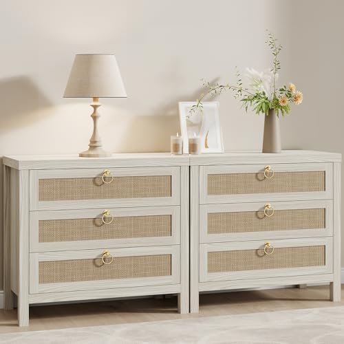Eclatara Large Rattan Night Stand Set of 2 Boho Nightstand with 3 Drawers